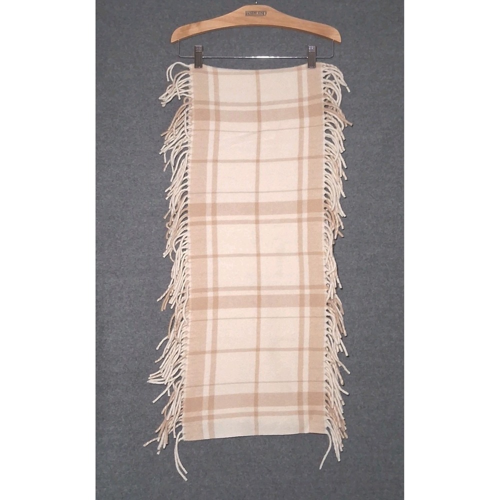 Banana Republic Cream Tan Plaid Fringe Scarf Wool Rabbit Hair Warm Cozy 58"x 11"